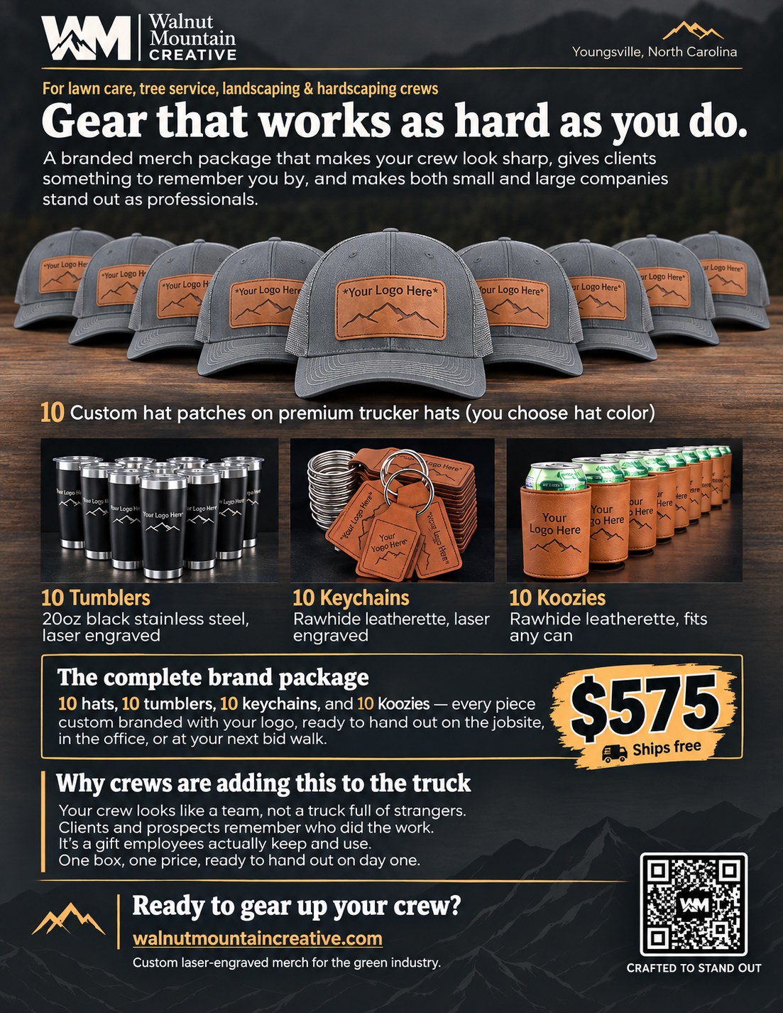 Flyer: 10-piece crew merch package, $575, free shipping