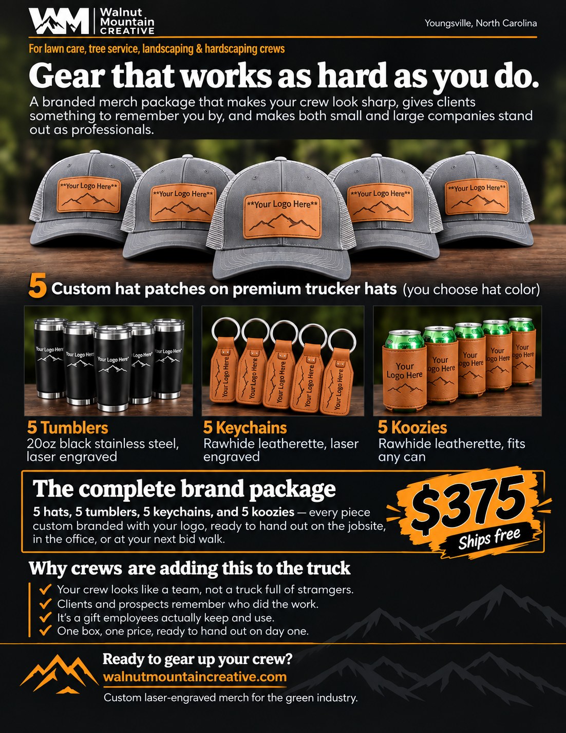 Flyer: 5-piece crew merch package, $375, free shipping