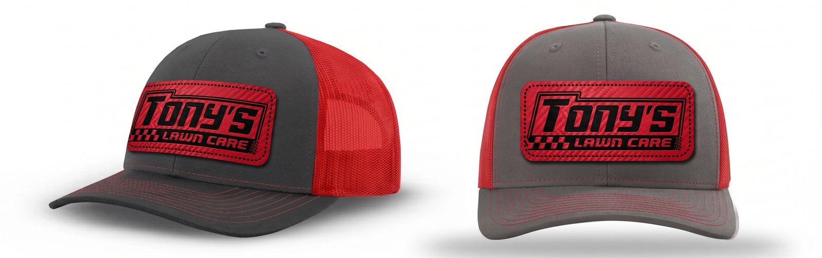Tony's Lawn Care trucker hats with red patches