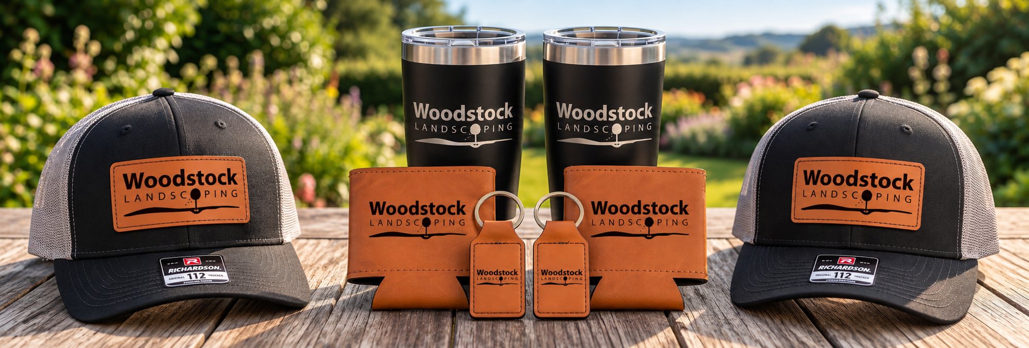 Branded trucker hats, tumblers, koozies and keychains for a landscaping company